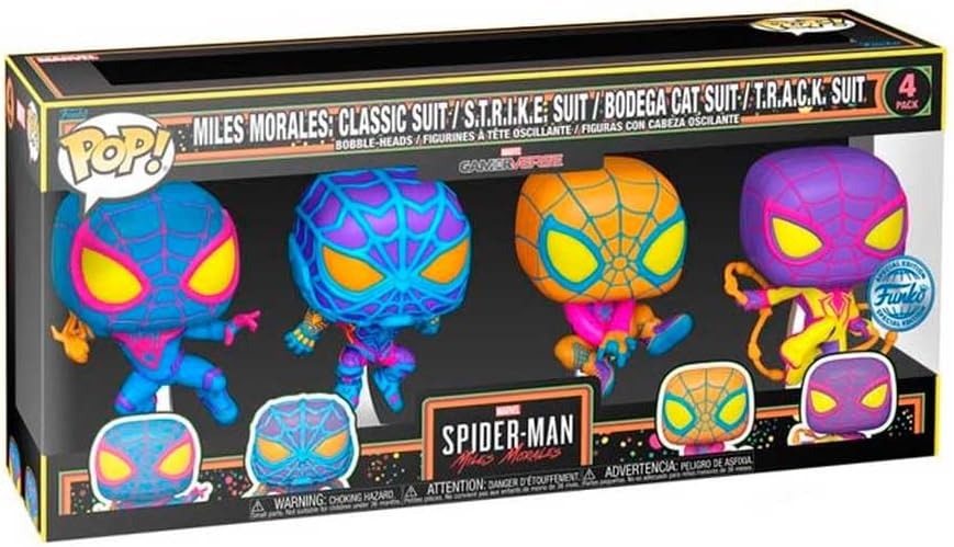 MILES MORALES Classic Suit / S.T.R.I.K.E. Suit / BODEGA Cat Suit / T.R.A.C.K. Suit | Spider-Man | Funko Pop Marvel | Blacklight | 4 Pack