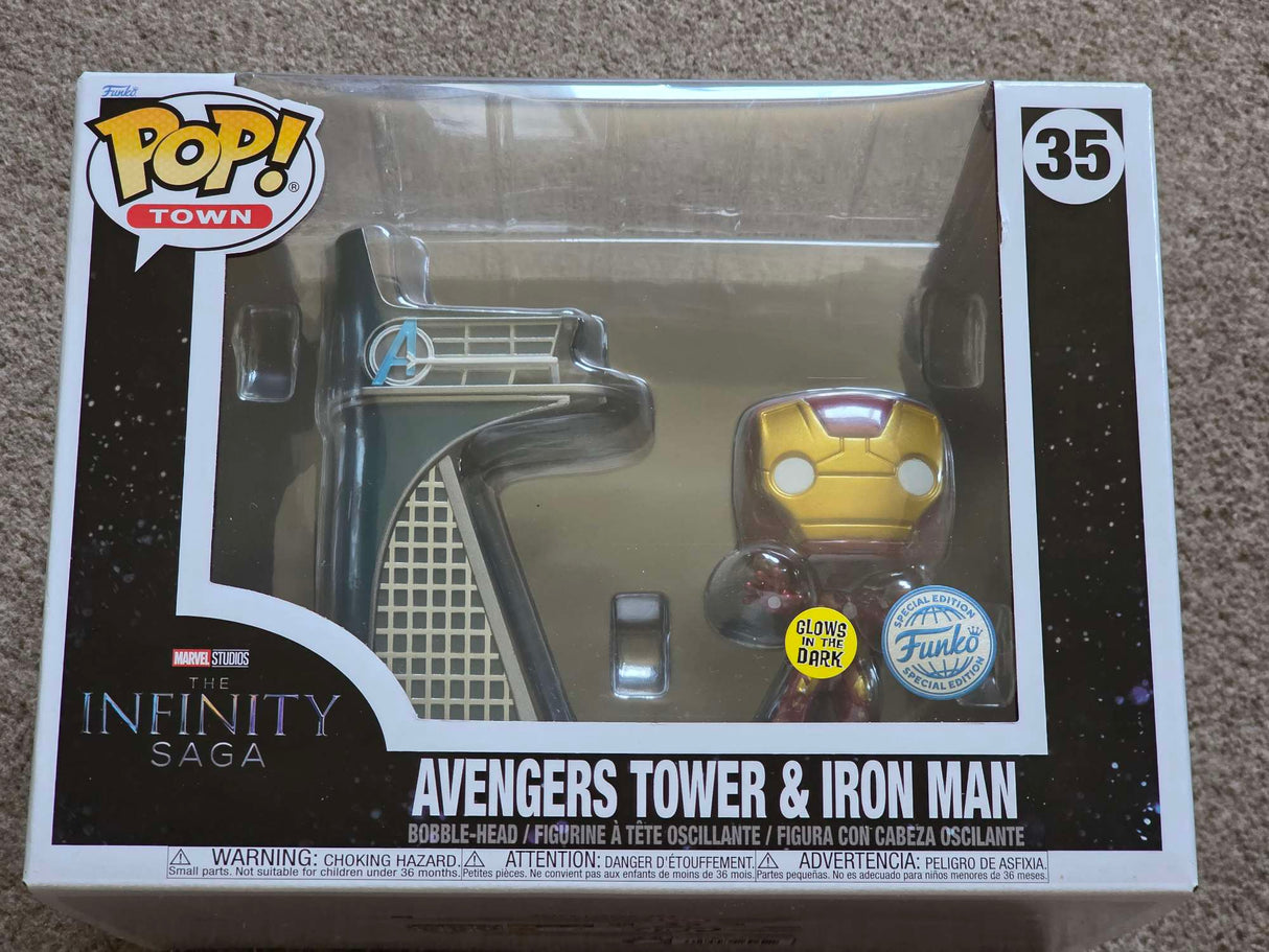 Slight Damaged Box | AVENGERS TOWER & IRON MAN | Marvel Age of Ultron | Funko Town | 6 Inch #35 Glow