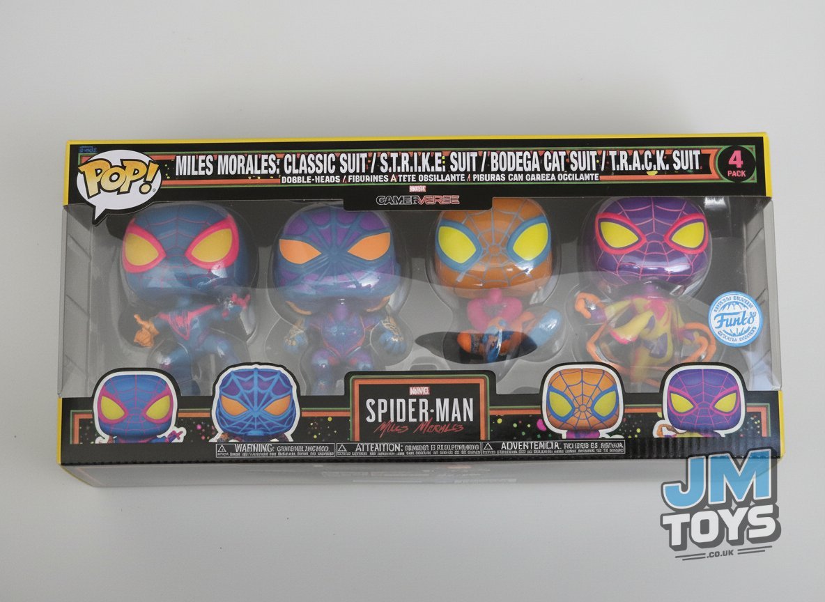 MILES MORALES Classic Suit / S.T.R.I.K.E. Suit / BODEGA Cat Suit / T.R.A.C.K. Suit | Spider-Man | Funko Pop Marvel | Blacklight | 4 Pack