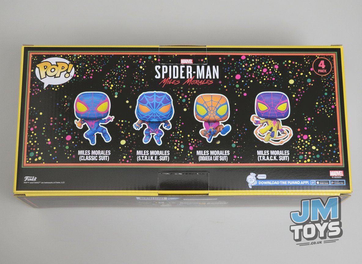 MILES MORALES Classic Suit / S.T.R.I.K.E. Suit / BODEGA Cat Suit / T.R.A.C.K. Suit | Spider-Man | Funko Pop Marvel | Blacklight | 4 Pack