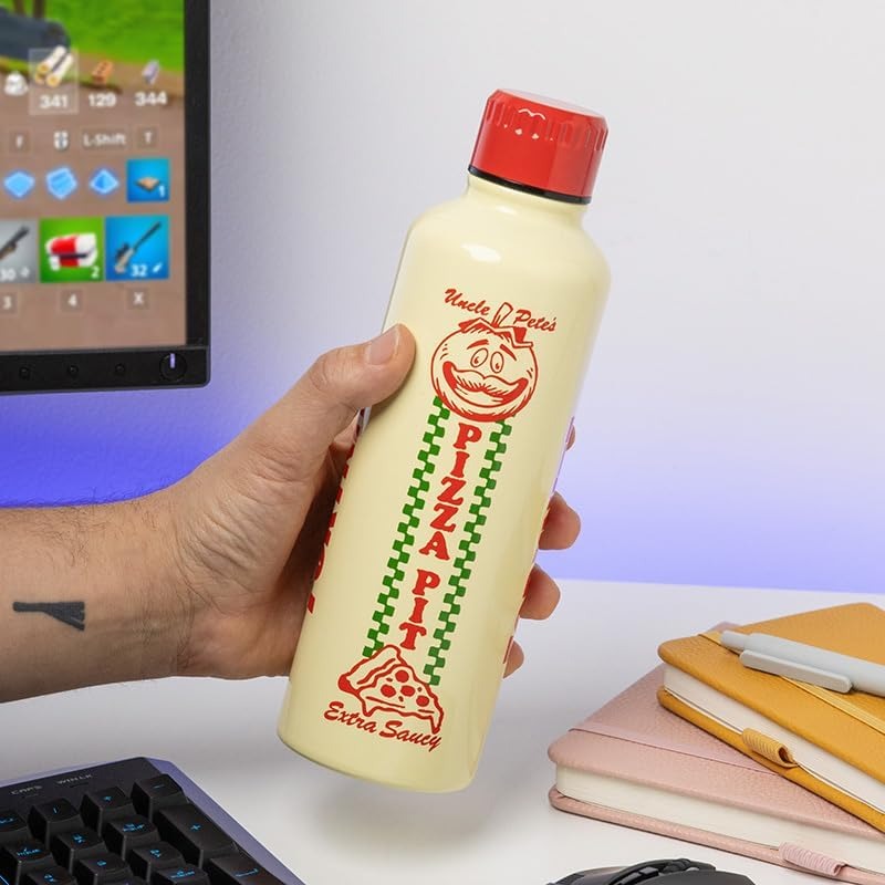 UNCLE PETE'S PIZZA PIT | Paladone Fortnite | Metal Water Bottle with Screw-Top Lid 500ml | Officially Licensed