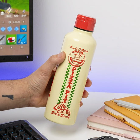 UNCLE PETE'S PIZZA PIT | Paladone Fortnite | Metal Water Bottle with Screw-Top Lid 500ml | Officially Licensed