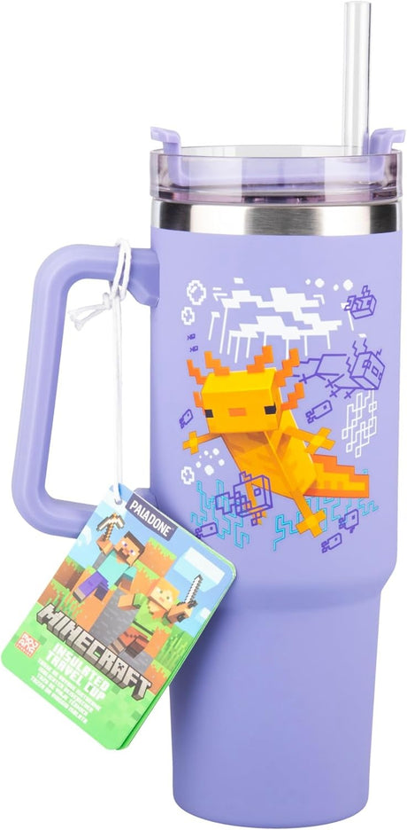 MINECRAFT AXOLOTL | Paladone Minecraft | Purple Insulated Cup and Straw 900ml | Officially Licensed
