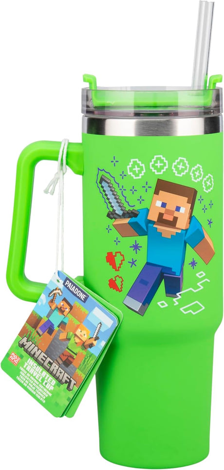MINECRAFT STEVE AND CREEPER | Paladone Minecraft | Purple Insulated Cup and Straw 900ml | Officially Licensed