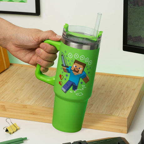 MINECRAFT STEVE AND CREEPER | Paladone Minecraft | Purple Insulated Cup and Straw 900ml | Officially Licensed