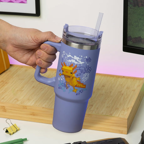 MINECRAFT AXOLOTL | Paladone Minecraft | Purple Insulated Cup and Straw 900ml | Officially Licensed