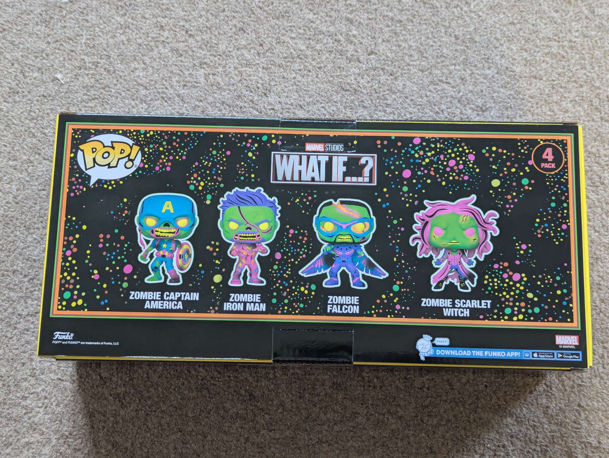 Damaged Box | ZOMBIE CAPTAIN AMERICA / IRON MAN / FALCON / SCARLET WITCH | Funko Pop Marvel | What If...? | BlackLight | 4 Pack