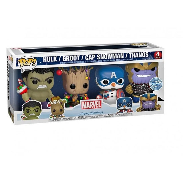 Damaged Box | Funko Pop Marvel | Holidays | Hulk / Groot / Captain Snowman / Thanos | 4 Pack