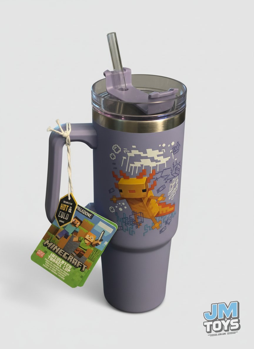 MINECRAFT AXOLOTL | Paladone Minecraft | Purple Insulated Cup and Straw 900ml | Officially Licensed
