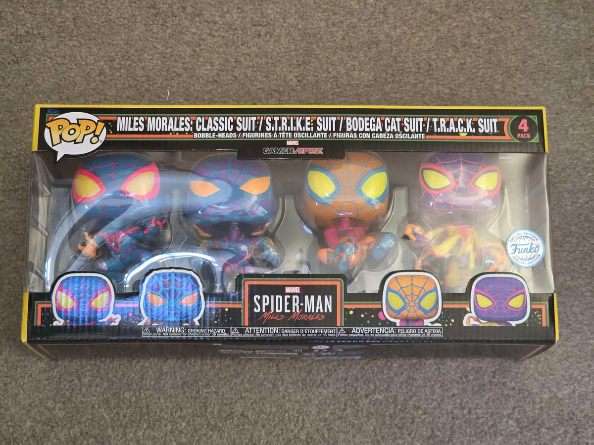 Slight Damaged Box | MILES MORALES Classic Suit / S.T.R.I.K.E. Suit / BODEGA Cat Suit / T.R.A.C.K. Suit | Spider-Man | Funko Pop Marvel | Blacklight | 4 Pack